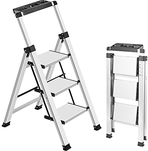 XinSunho 3 Step Ladder, Retractable Handgrip Folding Step Stool Ladders with Anti-Slip Wide Pedal, Aluminum 3 Steps, 330lbs Safety Household Ladder