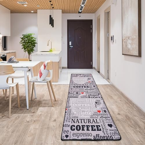 miqna Teppich Moderner Küchenteppich Gel Läufer Küchenläufer Grau Weiß Schwarz mit rutschfestem Bodenmuster mit Schriftzug Coffee Macchiato (Grau, 80 x 150 cm)