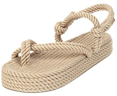 Sandalen Schuhe Frauen Böhmische Flache Leinen Seil Plattform Weibliche Open Toe Slip-On Schuhe (42,2beige)