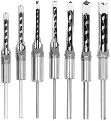 findmall 7Pcs Square Hole Drill Bit HSS Square Hole Saw Mortise Chisel Drill Bit Tools Wood Mortising Chisel Set Twist Drill Wood Hole Drilling Tool for Mortising Machines Drill Press Attachments