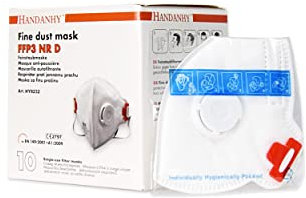 Handanhy HY8232 (x10) NR D Premium Disposable Respirator - FFP3 Face Masks with Exhalation Valve - CE Marked Certified & Tested by BSI, Individually Wrapped (Pack of 10)