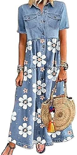 shownicer Robe Jean Été Femme De Plage Rétro Denim Robes Col V Casual Tuniques Ample Chemise Longue Chemisier en Jean Maxi Robe D Bleu Clair L