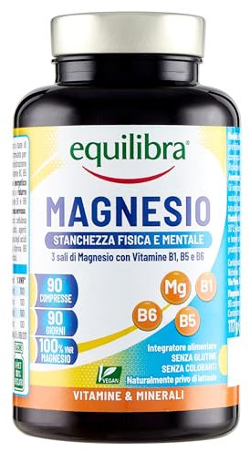 Equilibra Integratori Alimentari, Magnesio, Integratore per la Stanchezza Fisica, Mentale e la Funzione Muscolare, a Base di 3 Sali di Magnesio, Vitamine del Gruppo B, Vegan, Gluten Free, 90 Compresse