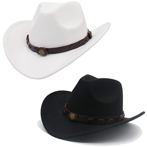 Faringoto Sombrero vaquero clásico de fieltro de ala ancha para hombre y mujer, sombrero de vaquera occidental, Blanco Negro +, Talla única