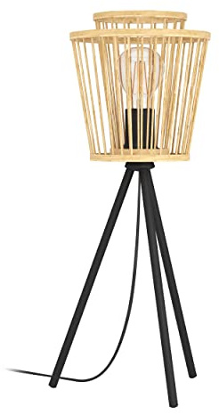 EGLO Tischlampe Hykeham, Stativ Nachttischlampe Boho Style | Dreibein Tischleuchte aus Bambus in Natur und Metall in Schwarz, Deko Lampe mit E27 Fassung
