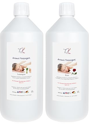 2x1L Aroma Massageöl Set Lemongras & Rose - für Massage, Physiotherapie, Wellness, Sport etc. in Pharma Qualität (2000ml, Lemongras & Rose)
