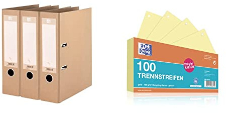Oxford Ordner A4, 8 cm breit, gut für die Umwelt, in beige, 3 Stück & Trennstreifen, aus Karton, gelocht, 190 g/m², gelb, 100 Stück