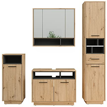 Vicco Badmöbel-Set Beatrice, Artisan-Eiche, 80 cm | besteht aus Waschbeckenunterschrank, Spiegelschrank, Hochschrank und Midischrank