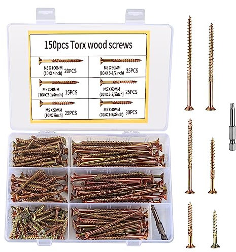 150 Stk Holzbauschrauben, Holzschrauben, Terrassenschrauben mit Torx-Antrieb, Spanplattenschrauben, Senkkopfschrauben, Flachkopf Selbstschneidende Universalschrauben für Dach, M5 (Farbe Zink)