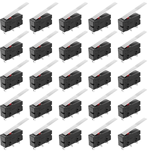 GTIWUNG 25 Stück Mini Mikroschalter, 3 Klemmen Momentschalter, Rollhebelschalter, Mechanische Endschalter, AC 5A 125 250V 3 Pin SPDT Grenze Micro SwitchHebelarm Lang 55mm für Arduino Modellbau