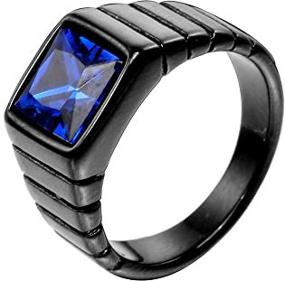 HIJONES Herren Marineblau Stein Ring Edelstahl Quadratisch Kristall Edelstein Einfach Vintage Statement Ringe Schwarz Größe 60
