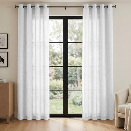 Melodieux Linenlook White Curtain W46 x L90 Inch - Room Darkening Curtains Eyelet for Bedroom Living Room (White, 2 Panels)