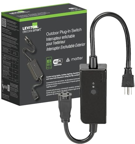 Leviton Decora Smart Wi-Fi Outdoor Plug, Works with Matter, My Leviton, Alexa, Google Assistant, Apple Home/Siri & Wire-Free Anywhere Switch Companion, Weather-Resistant, D215O-1RE, Black