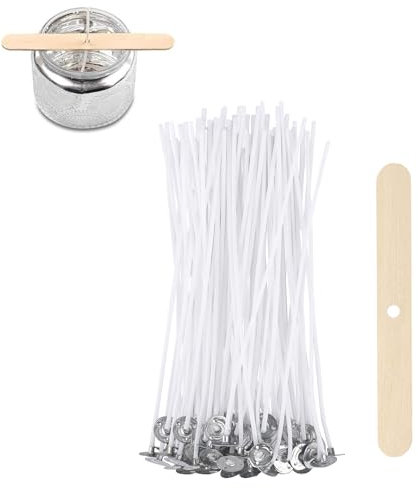 ALLAVA 50 Stück Kerzendochte für Kerzen, 15cm Kerzendochte mit Dochthalter aus Holz, Natürliche Bio Baumwolle, Vorgewachst mit Soja Wachs, Kerzen Docht für Die Kerzenherstellung Candle DIY