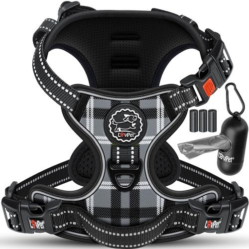 LOVPET® Hundegeschirr ohne Zug & Würgen für kleine Hunde & Welpen atmungsaktiv & weich Brustgeschirr reflektierend | No-Pull-Geschirr inkl.Beutelrollen | Verstellbares Geschirr mit Griff Anthrazit-XL