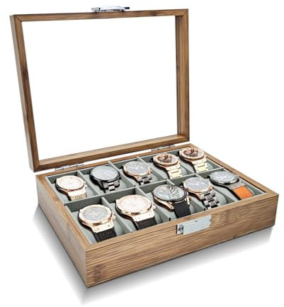 WisePoint Uhrenbox 10 Slot, Holz Uhrengehäuse Uhrenhalter mit abnehmbaren Kissen, Retro Uhrenkasten Uhren Aufbewahrungsbox für Uhren (braun 10-Slot)