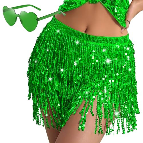 Damen Pailletten Fransen Rock Sparkle Quaste Röcke Bauchtanz Hüftschal für Frauen und Mädchen Festival Party Rave Kostüm, Grün 1, M/L