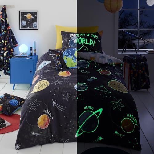 Bedlam - Funda nórdica Que Brilla en la Oscuridad - Tamaño Individual (200 x 140 cm) - Reversible (2 diseños) - Ropa de Cama Galaxy y Planeta para niños - Funda de edredón del Universo del Sistema
