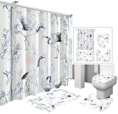 Set di 1/4pcs gru tenda da doccia in bambù nero, tenda da bagno, tappetino WC a forma di U, copertura per WC, 4 tende da doccia con tappeti