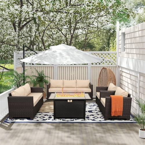 Rattaner 5-Piece Outdoor Patio Furniture 45 in Outdoor Fire Pits Patio Furniture Set 60000 BTU Outdoor Propane Fire Pit No-Slip Cushions Waterproof Covers, Khaki