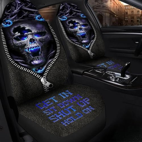 2 Stücke Auto Sitzbezüge Blauer Totenkopf Bilder Reißverschlussmuster Lederhintergrund Auto-Zubehör Top-Qualität Sitzbezüge Set Universal 52X138Cm Für Wohnmobil, Fahrzeuge, Autos