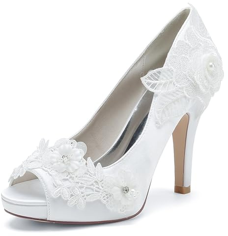 Chaussures de Mariée Femme Blanche Escarpins à Talon Haut Chaussure Mariage Talon Femme Bout Ouvert Chaussures de Mariage,Blanc,38 EU