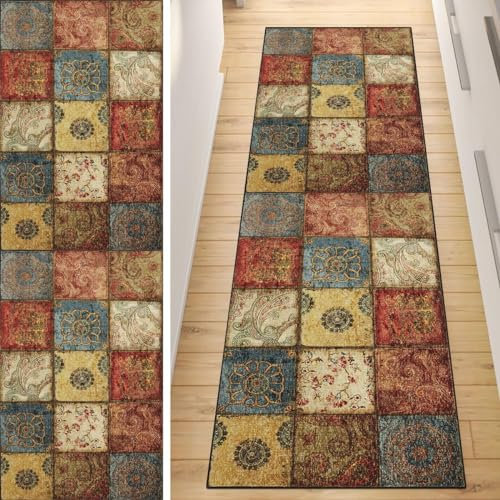 QQrunner Teppich Läufer Flur Küche 120x650CM Vintage Flur Teppich Lang rutschfest Bunt Waschbar Meterware Korridor Kücheläufer
