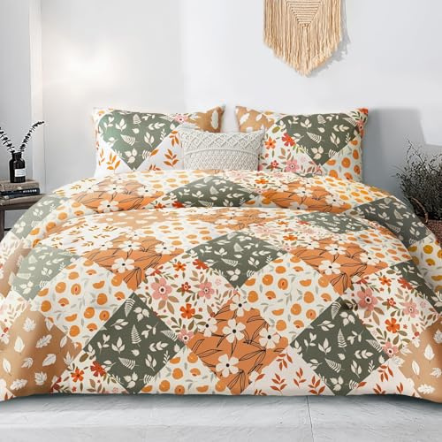 Whale Flotilla Coverless Duvet King Size 7.5 Tog 3 Pieces Patchwork Floral | 220x230cm Lightweight Quilt, 2 Pillowcase 50×75cm, Soft Microfibre Bed Cover Bedding, All Seasons, Machine Washable, Orange