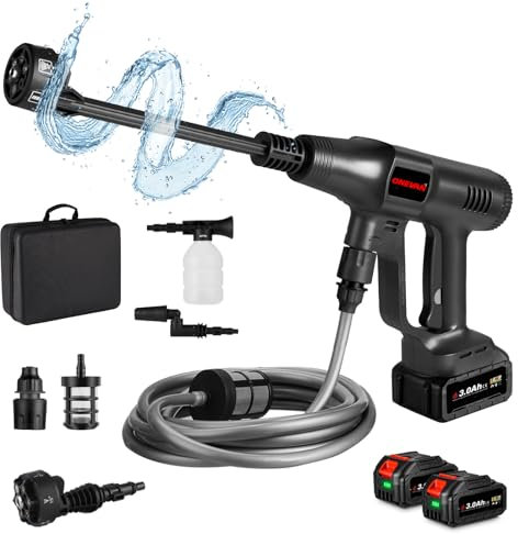 ONEVAN Akku Hochdruckreiniger, 80bar Hochdruck Reiniger Hochdruckpistole Wasserpistole mit 6-IN-1 Düse 3 Einstellstufen für AutoReinigung, Bewässerung, Entwässerung（mit Zwei 3.0Ah Akkus und Ladegerät）