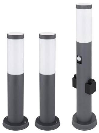 Sockelleuchte mit Steckdose und Bewegungsmelder Steckdosensäule Garten mit Licht, Edelstahl anthrazit, E27, 3er Set