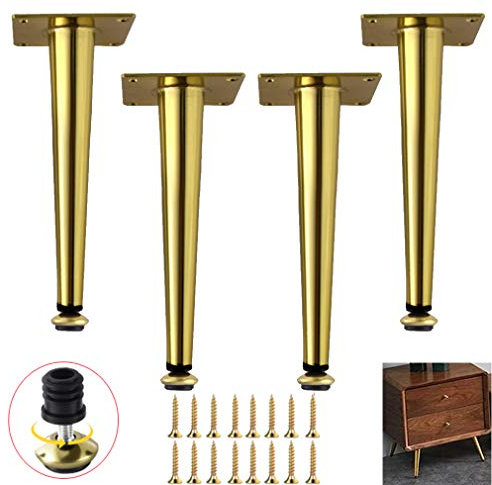 Goldene Möbelbeine, 4 Stück, verstellbare Metall-Ersatz-Sofa-Beine für TV-Schrank, Eisen-Tischbeine mit Höhenverstellung, konisches Design, gerade, goldene Oberfläche (43,5 cm)