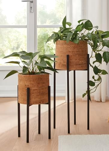 Dekoleidenschaft 2X Übertopf Kork mit Metallgestell, schwarz und Pflanztopf in Natur, Pflanzgefäß, Blumentopf, Pflanzkübel, Blumentopfständer