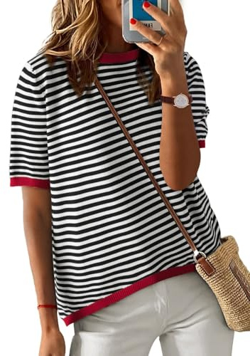 UMIPUBO Magliette Donna Estivi Manica Corta T Shirts a Righe Girocollo a Blocchi di Colore T-Shirt Elegante Maglie Top Casual Tee Shirt Elasticizzato Loose Tees Moda Blusa (Nero, S)