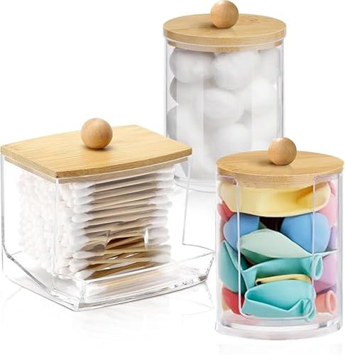 UQMIQURA Lot de 3 récipients à cotons-tiges en acrylique avec couvercles en bambou, kit d'organisation de maquillage, porte-cotons-tiges, distributeur de coton pour chambre à coucher, salle de bain