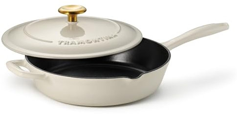 Tramontina Enameled Cast Iron Skillet with Lid, 10-inch Frying Pan, Latte with Gold Knob