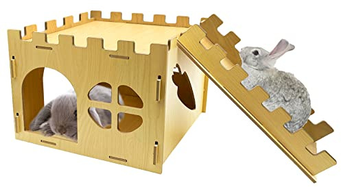 Acsist Extra großes, stabiles Hasenhaus, Kaninchenversteck mit Treppe, abnehmbares Spielhaus für Kaninchen, Meerschweinchen, Chinchilla, Igel