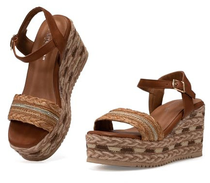 MISSCAI Sandali Donna Estivi con Zeppa Alta Plateau in Stile Espadrillas Scarpe Aperta Comode con Cinturino alla Caviglia WWS250140 Marrone 40