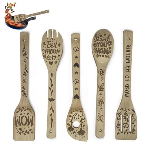 Set di Cucchiai in Legno di Bambù - 5 Pezzi di Utensili da Cucina Con Incisione, Spatole Personalizzate