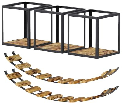 QLS Klättervägg set med 2 broar och 3 stolar av trä och stål, takmontering i industriell stil XXL