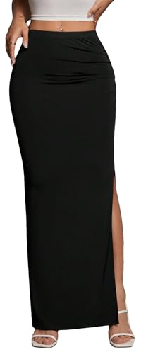 GORGLITTER Women's Split Thigh Ruched Pencil Maxi Skirt Sexy Bodycon Skinny Clubbing Fitted Summer Party Long Skirts Black XS