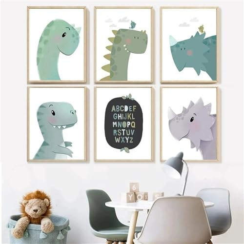 6er Poster Set, Frische Cartoon Dinosaurier Wandbilder Wanddeko,Kinderbilder mit Tieren für Mädchen & Jungen,Wandbilder mit Premium Kunstdruck,ohne Rahmen (30×40)