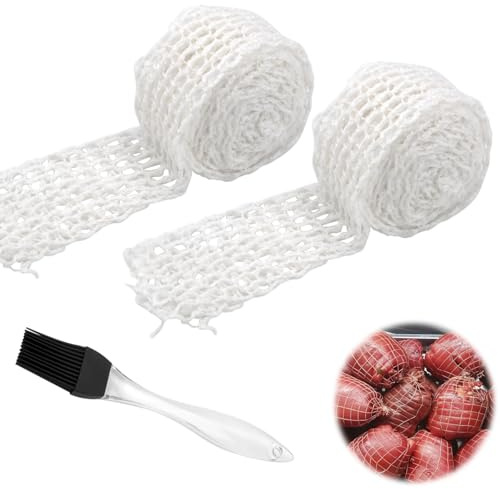 KQDRAVINE Red de asado enrollable de 3 m x 2 rollos, red para jamón, red para ahumar, color blanco, red para carne, para colgar, hornear y cocinar carne, con 1 pincel para hornear, 5-16 cm de ancho