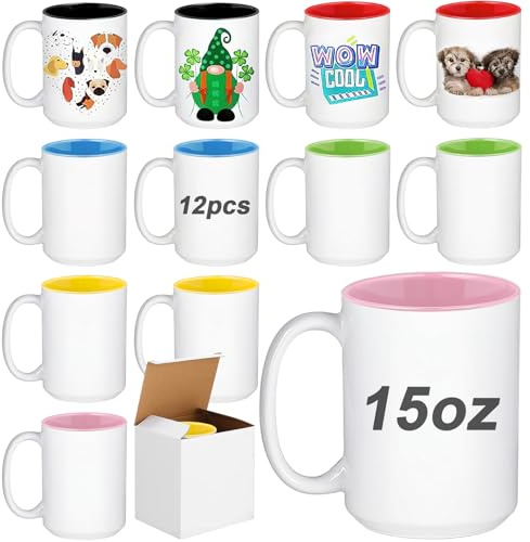ASMIZ Lot de 12 Mugs Blancs Sublimables 15 oz avec Intérieur Coloré – Tasses en Céramique Personnalisables pour Sublimation – Mugs à Poignée pour Café, Thé, Lait, Chocolat Chaud, Cadeau DIY