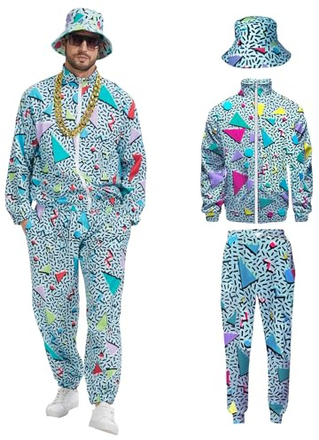 rumnigh Completo Anni 80 e 90 da Uomo Stile Hip Hop Retrò, Completo Sportivo Anni 80 Include Giacca, Pantaloni e Berretto Adatto per Halloween e Carnevale, Verde, S