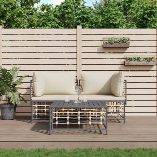 WEMYUFURN Garten-Lounge-Set aus wetterfestem Poly Rattan mit Stahlrahmen und gepolsterten Kissen für Terrasse, Außenbereich, modulares Design, stabile Tischplatte, hoher Sitzkomfort,