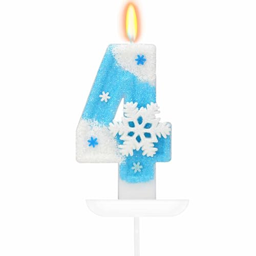ZingBox Schneeflocken Geburtstagskerzen Zahlen 4, Weiß Blau Schneeflocke Kerze 4 Geburtstag Mädchen,Geburtstagsdeko 4 Jahre Zahlenkerze,Schneeflocken Deko Kerzen Zahlen 4,Kuchendeko 4 Geburtstag Kerze