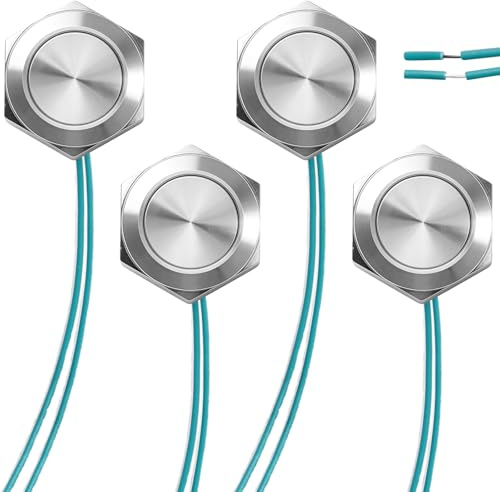 Lot de 4 boutons poussoirs ultra plats en acier inoxydable, Ø 19 mm de diamètre, IP65, 12-24 V, interrupteur étanche, inoxydable, longue durée de vie des machines, pour l'extérieur et l'intérieur