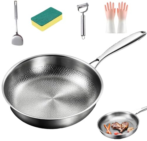 Sartén de titanio con tapa, 5 piezas Titanium Nutri Pan Pro, sartén de acero inoxidable engrosada ultra-duradera/resistente a los arañazos/sin revestimiento/antiadherente 26/28/30 cm (sartén sin tapa