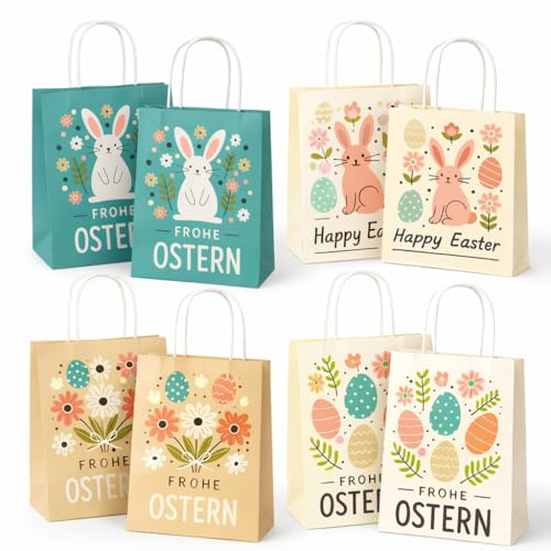 8× Ostertüten aus Papier – Geschenktüten Ostern mit Henkel, 15×8×21 cm, Oster-Geschenktüten Set für Kinder & Familie