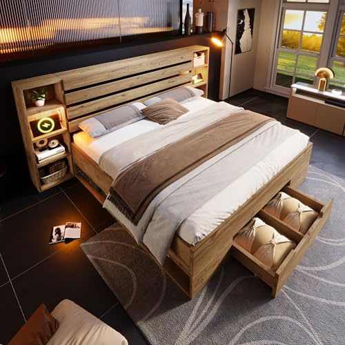 IHO SOFA Massivholzbett Doppelbett 180x200cm, Holzbett Bettrahmen mit Stauraum-Kopfteil & 2 Schubladen | Stauraumbett mit Lattenrost aus Holz | Modern Natürlicher Stil, Eiche (Ohne Matratze)